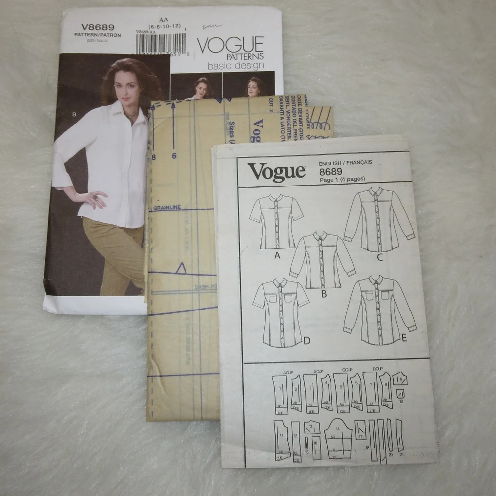 VOGUE V8689 Sz 6-12 Misses fitted shirt with princess seams in 5 variati…
